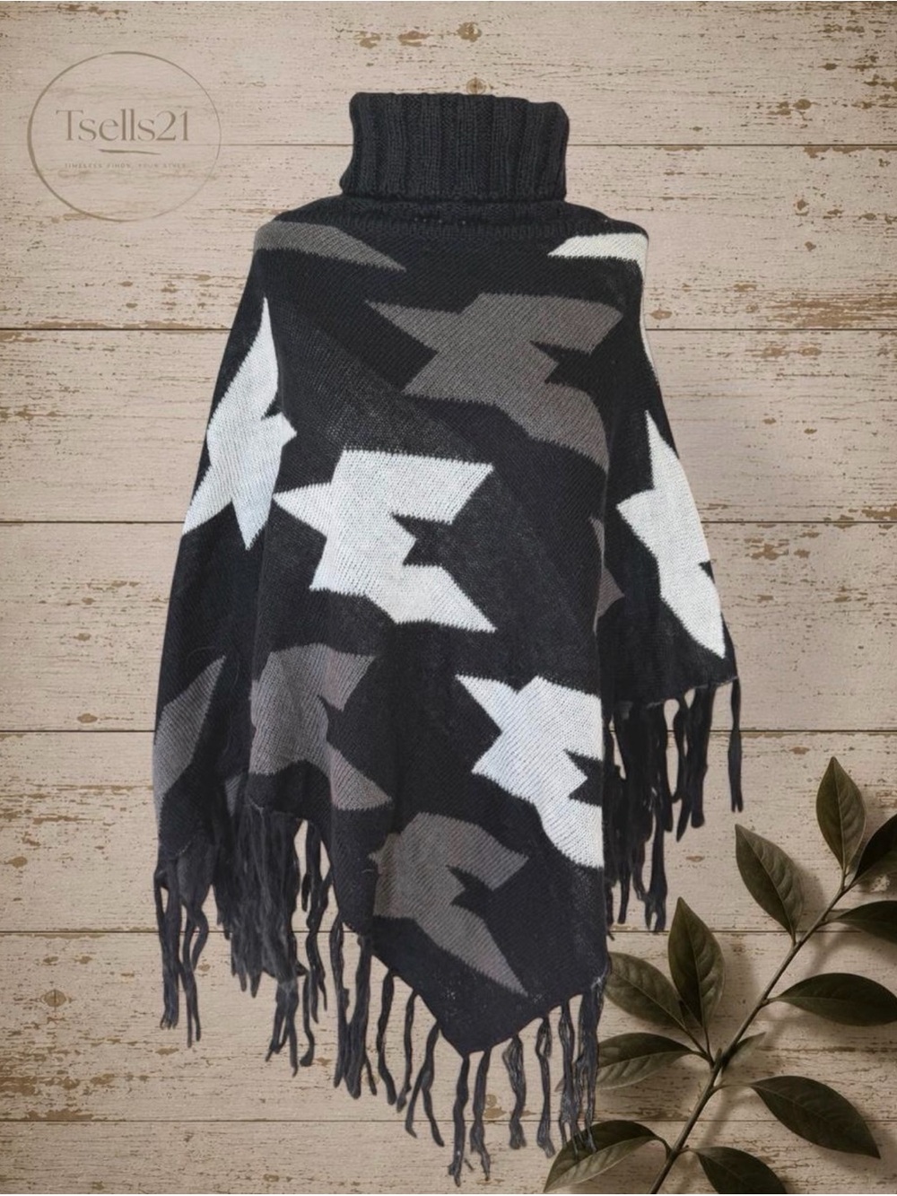 NWT Accents by Style Cozy Geometric Star Knit Turtleneck Poncho - Size One Size